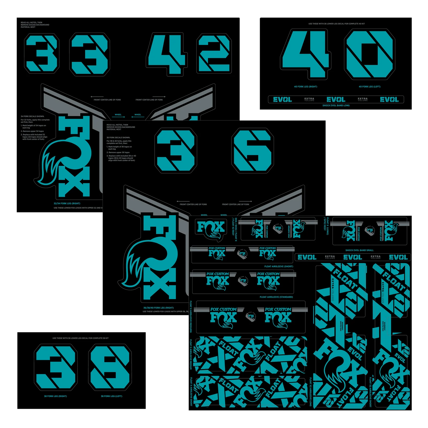 Turkis FOX-klistermærkesæt til gaffel og støddæmper