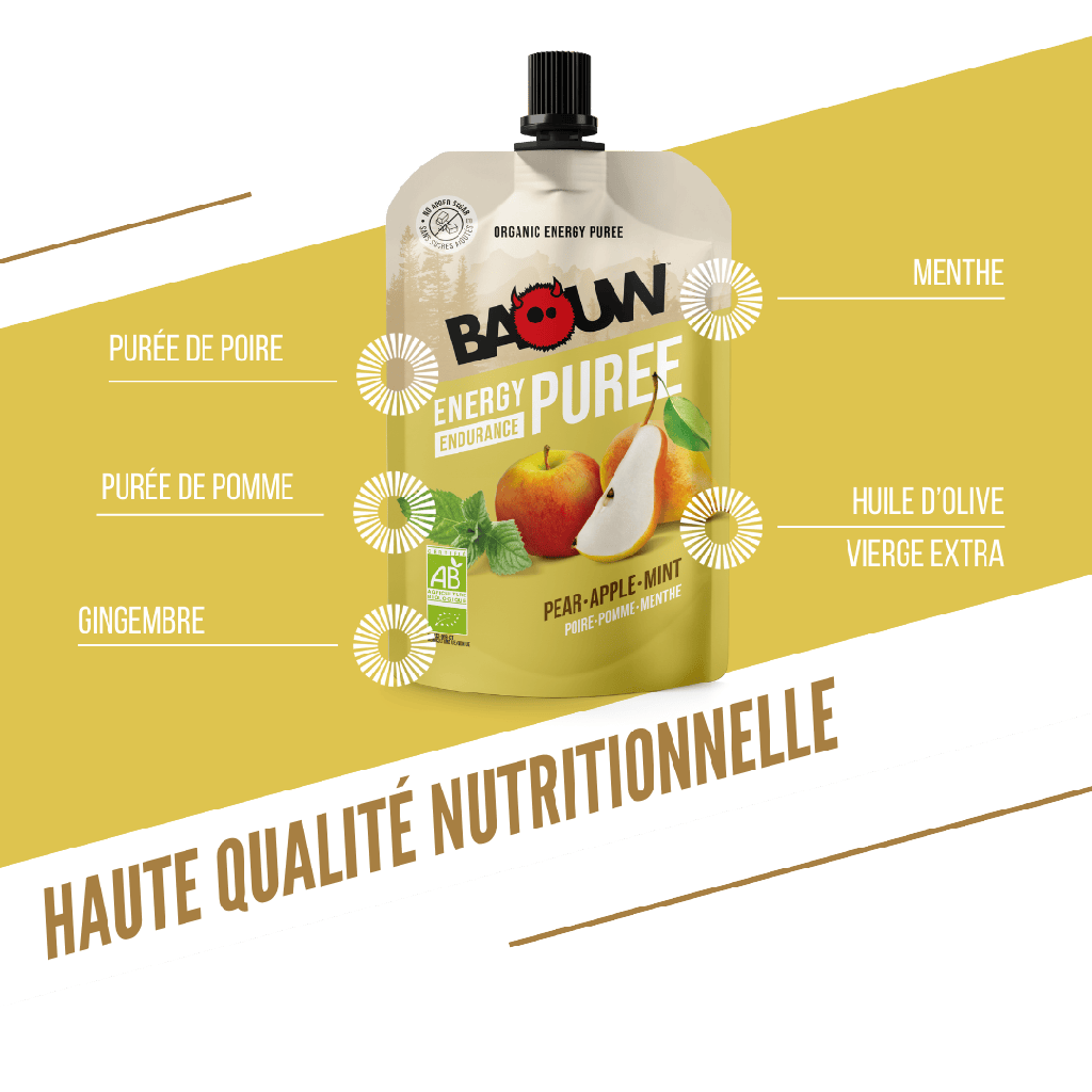 BAOUW Økologisk opskrift på frugtenergipuré pære/æble/mynte (90 g)