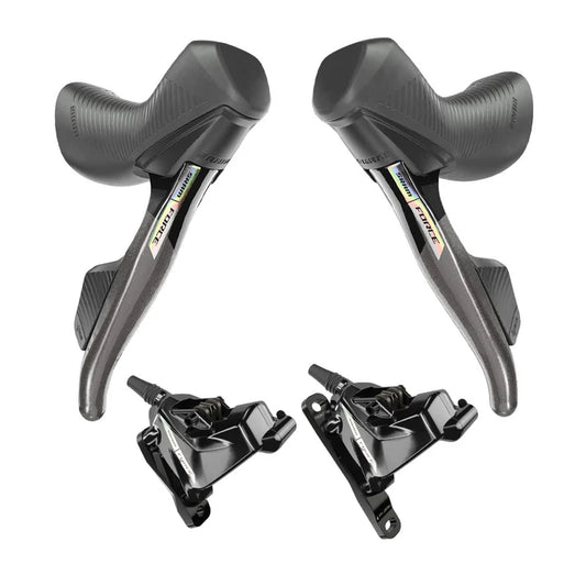Et par SRAM FORCE AXS D2 HRD 2x12 Flat Mount Discless-håndtag og -kalibre