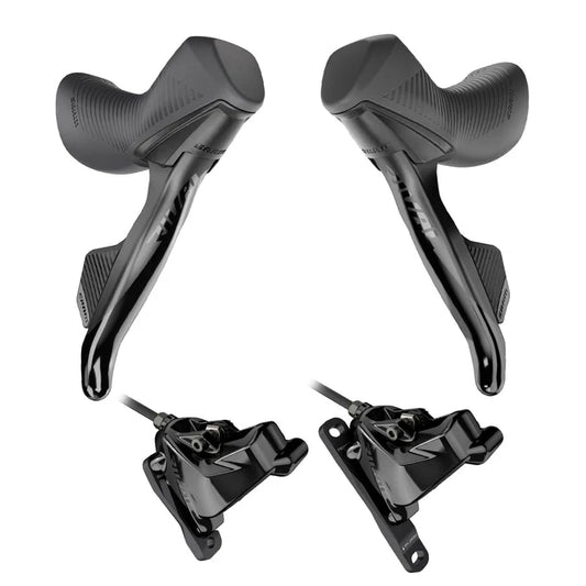 Et par SRAM RIVAL AXS HRD 2x12 Flat Mount Discless-håndtag og -kalibre