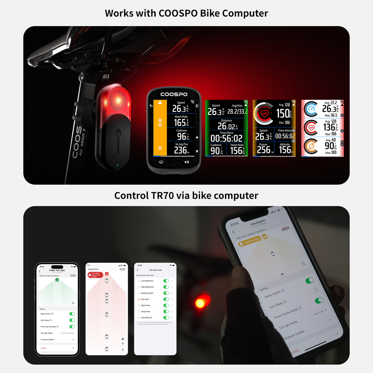COOSPO TR70 baglygte med radar