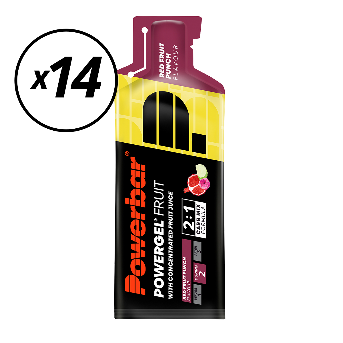 Pakke med 14 POWERBAR POWERGEL FRUIT Energy Gels (41gr) Red Fruit Short Shelf Life