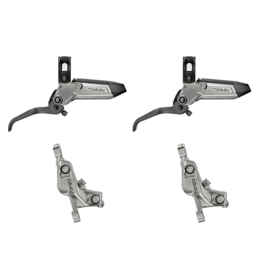 Et par SRAM LEVEL ULTIMATE STEALTH 4-stemplede sølvbremser